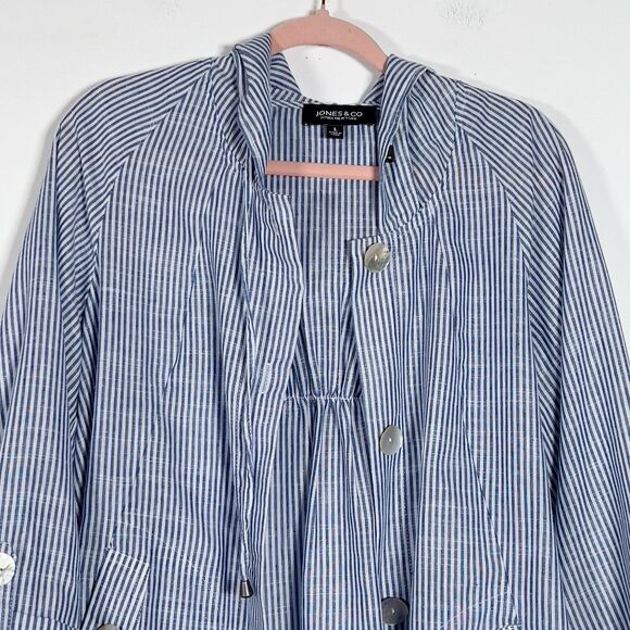 Jones & Co Linen Blend Hooded Jacket Womens Sz L Blue Striped Roll Tab Sleeves - Picture 2 of 11